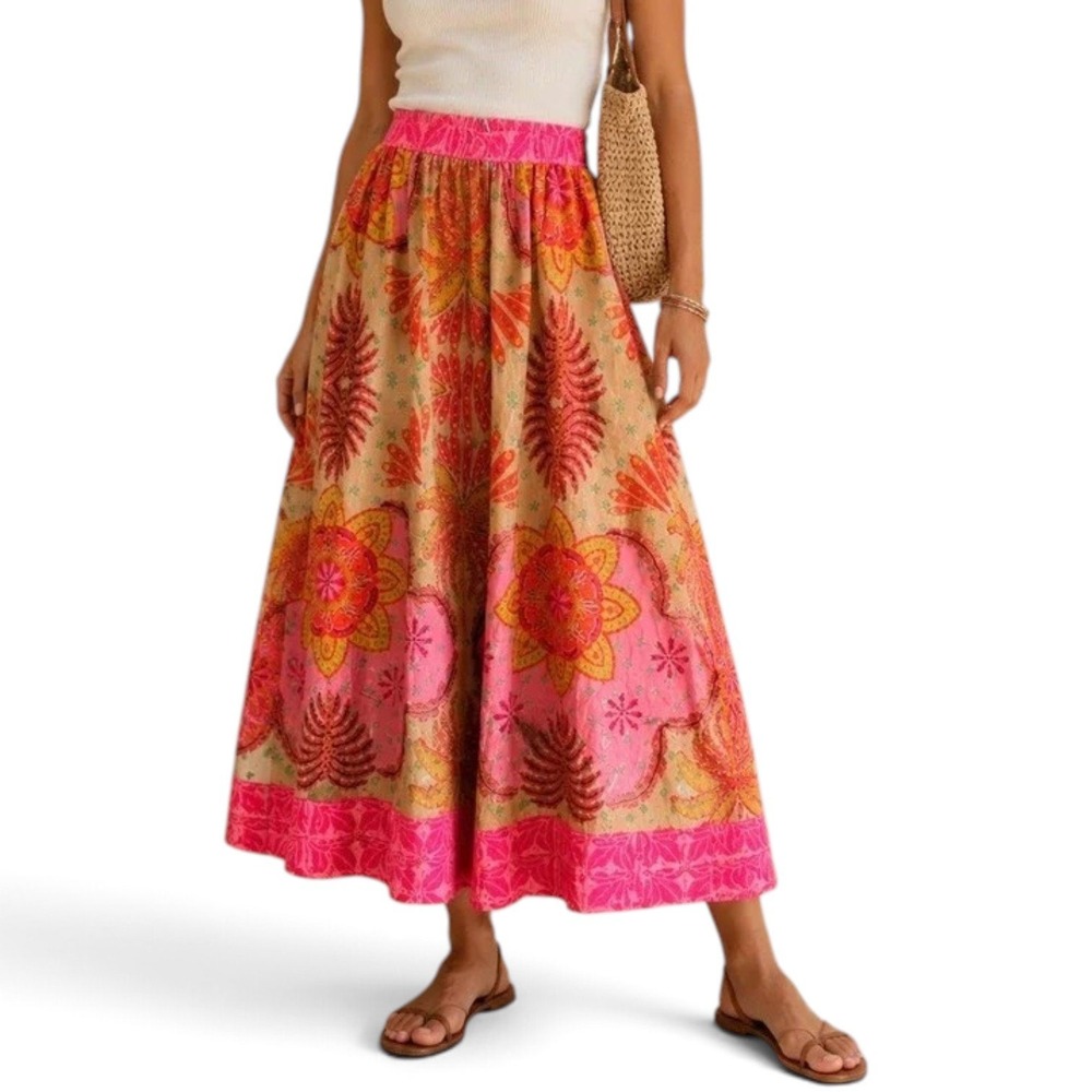 Calypso St Barth Maxi Skirt Size M Pink Orange Floral Festival Resort Gypsy NWOT